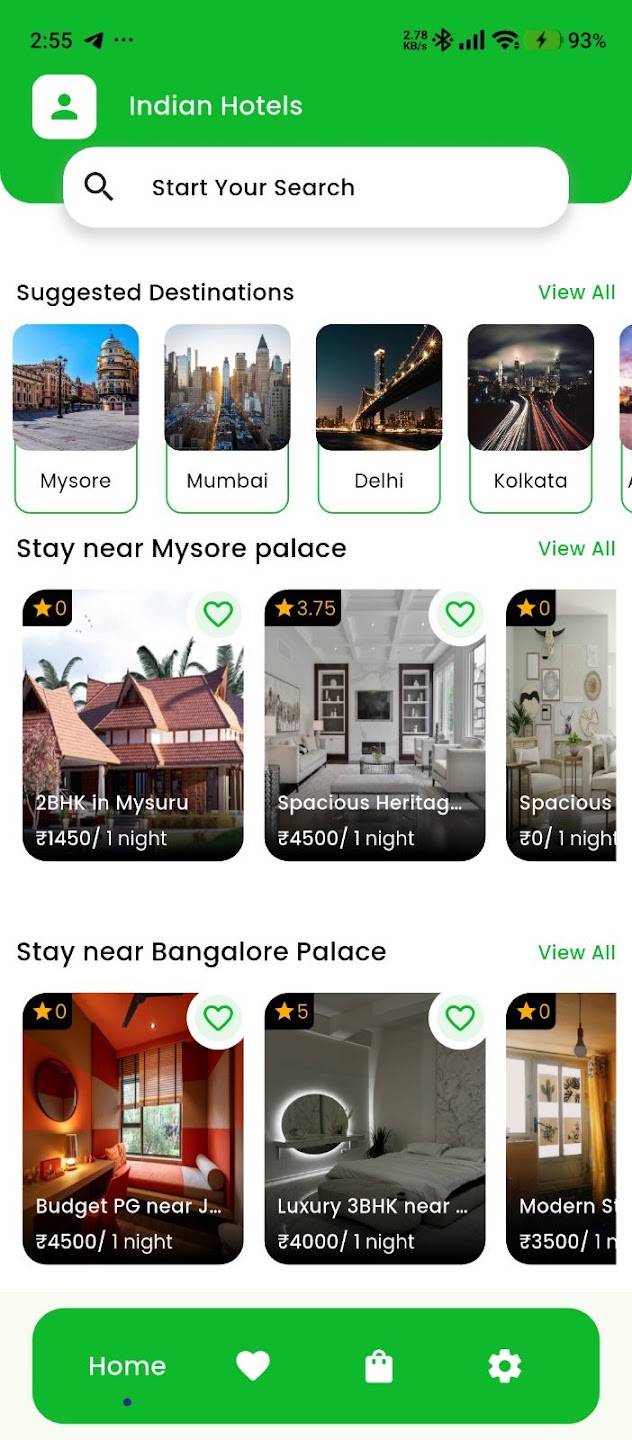 Indian Hotels app home screen and destination discovery