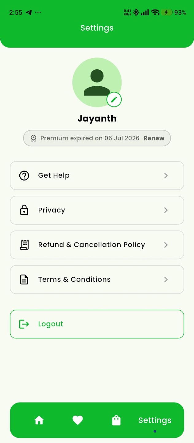 Indian Hotels account settings screen