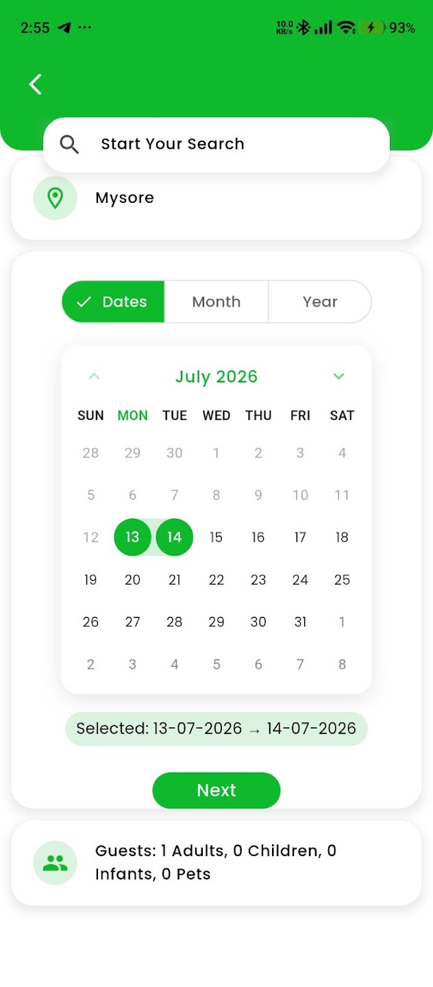 Indian Hotels date selection calendar screen